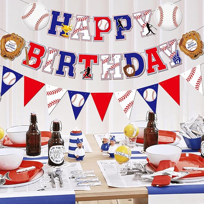 Happy Birthday Banner for Baseball Birthday Decorations Sports Theme Birthday Party Decorations and Baseball Hanging Swirls for Baseball Party Decorations