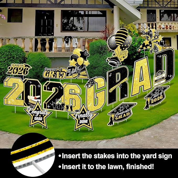15 PCS Graduation Yard Signs Class of 2026 Decorations, 2026 Graduation Decorations - Large 4FT Tall Congrats Grad Lawn Sign Set with H-Stake & Fiberglass Rods, Waterproof Outdoor & Indoor Graduation Party Decor, Black and Gold