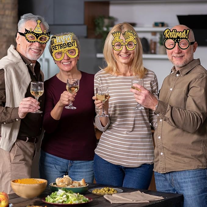 24Pcs Retirement Party Decorations Paper Glasses for Men Women, Black Gold Happy Retirement Paper Eyeglasses Party Supplies, Funny Farewell Retired Party Glasses Photo Props Decor