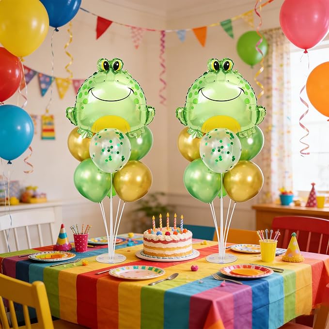 Frog Balloons Centerpieces for Tables 2 Sets, Green Frog Balloons Stands for Table, Frog Birthday Party Decorations with Frog Head Aluminum Foil Balloons for Frog Birthday Decorations