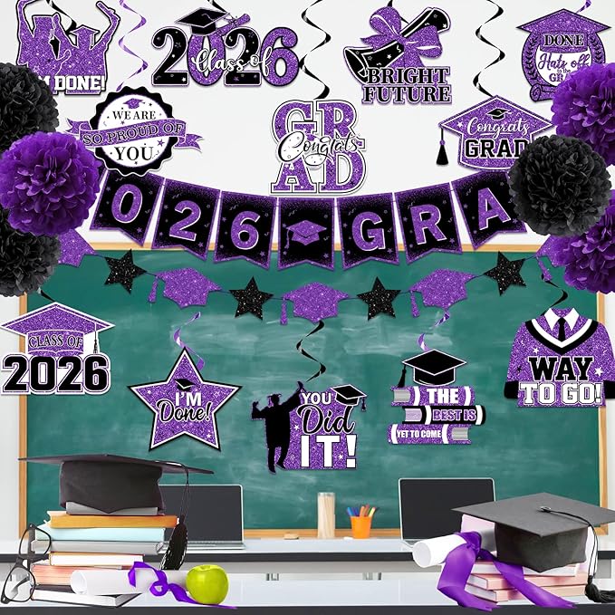 Purple Graduation Decorations, 2026 Grad Banner and Congrats Grad Hanging Swirls, Purple and Black Graduation Banner Graduations Hanging Swirls College Graduations Party Decoration Class of 2026