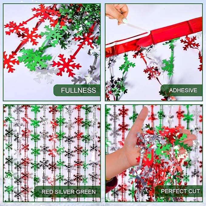 LOLStar Christmas Party Decorations, 2 Pack Foil Fringe Curtains 3.3 X 6.6 ft Red Silver Green Snowflake Tinsel Streamers Photo Backdrop for New Year, Ugly Sweater Party