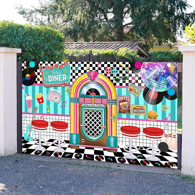Avezano 50s Retro Diner Party Backdrop 50s Retro Rock and Roll Diner Classic Decoration Banner 1950s Sock Hop Party Decor 70.8 x 43.3 Inch