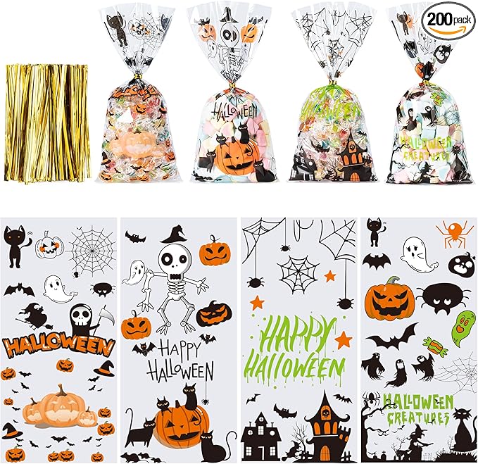 Aegero Halloween Cellophane Treat Bags, 200pcs Trick or Treat Goody Bags with 220pcs Twists for Snacks Cookies Packing, Party Supplies,Halloween 01