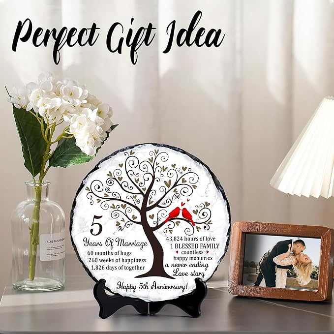 Wood Anniversary Slate Plate – 5th Wedding Gifts for Parents & Couples – Unique 5th Anniversary Wedding Gift Ideas – 5 Years of Marriage Decoration, Keepsake, Slate