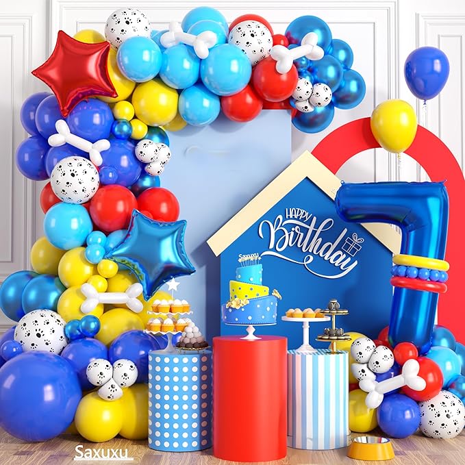 7th Birthday Decorations Boy, Dog Paw Seven Years Old Party Arch with Red Blue Yellow Long Latex Balloons 40 inch Number 7 Balloon and Star Foil for Paw Birthday Party Supplies