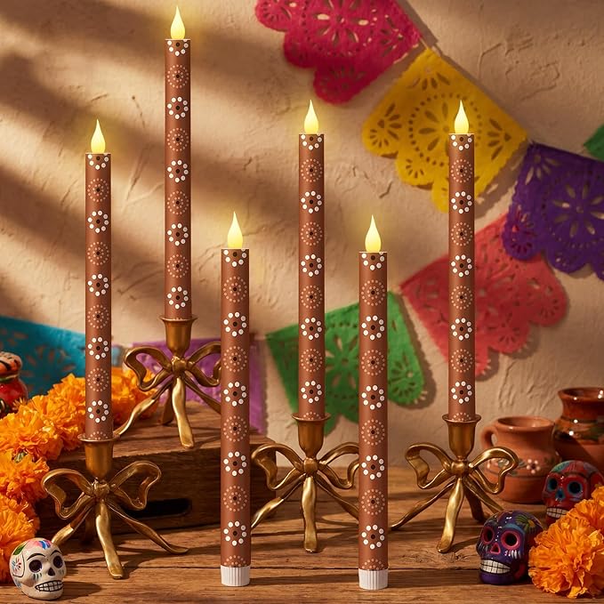 Honoson 6 Pcs Cielito Lindo Flameless Taper Candle 10.6 Inch Mexican LED Candles Terracotta Battery Operated Candlestick for Mexican Barro Home Decor Talavera Cinco De Mayo Party Table Decoration Gift