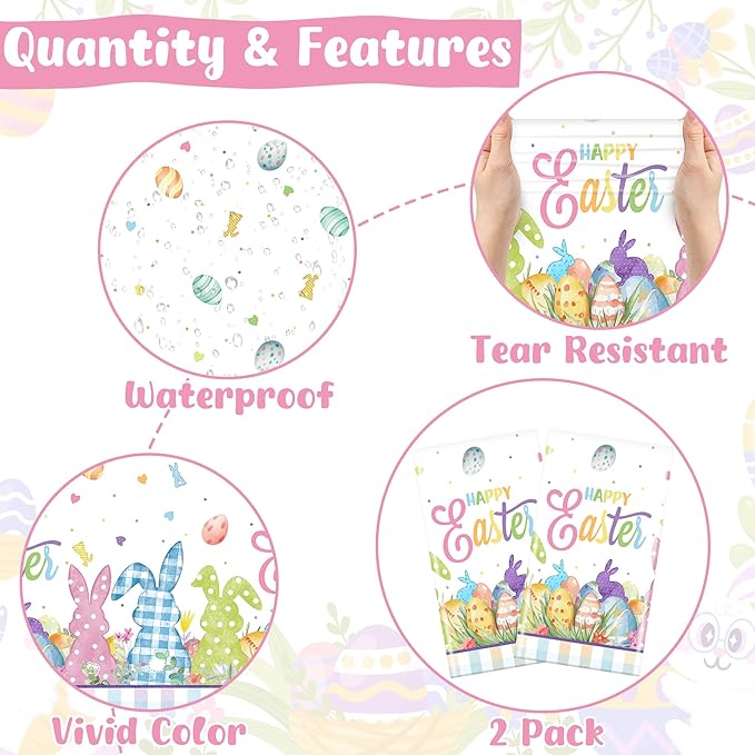 2 Pack Easter Tablecloth, 54" x 108" Easter Decorations, Rectangular Spring Tablecloths for Party Supplies, Colorful Eggs Bunny Flower Disposable Plastic Table Cloths for Easter Decorations for Home