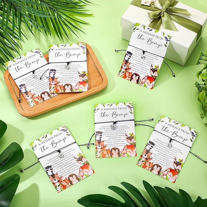 Thyle 50 Set Woodland Baby Shower Favors for Guests Adjustable Bracelets with Message from the Bump Card Footprints Charm Baby Shower Bracelets for Gender Reveal Thank You Gifts