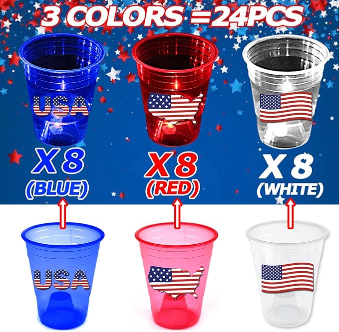 mishunyus 24 Pcs Glow Patriotic Party Decorations, 4th of July Party Cups Pack, USA Citizenship Party Supplies for Memorial Day, Independence Day, Veterans Day(16 oz)