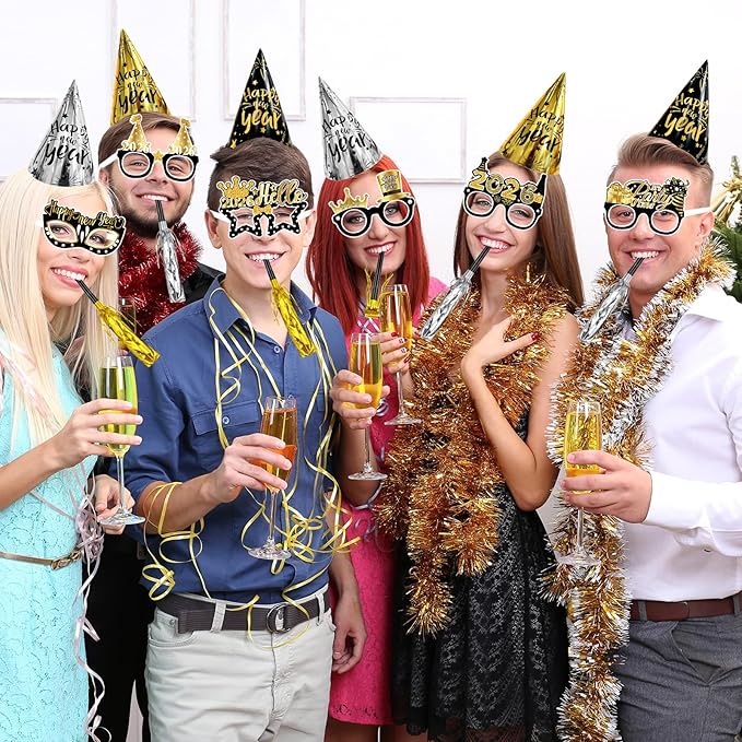 Openfly 36Pcs New Years Eve Party Supplies 2026 Happy New Year Hats Headband Tiara Noise Makers Paper Glasses Party Favors
