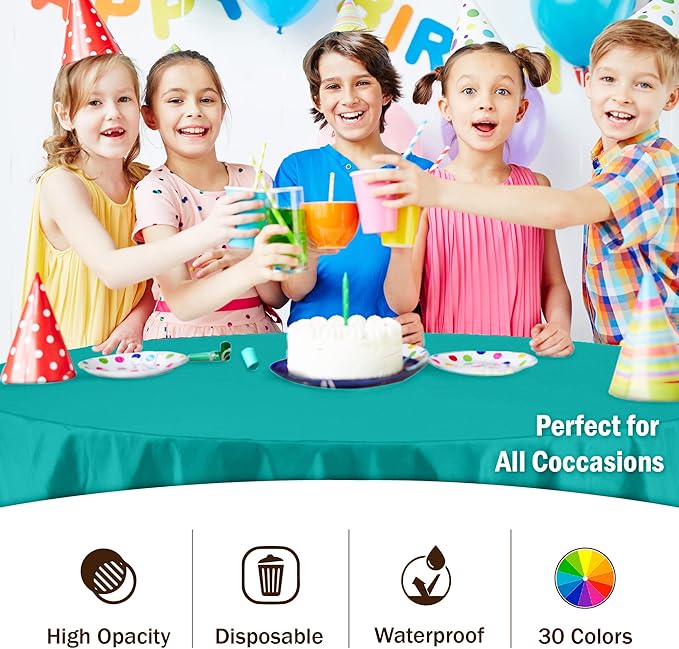 Exquisite Party Solids 6-Pack Premium Plastic Tablecloth 84in. Round Plastic Table Cover - Teal