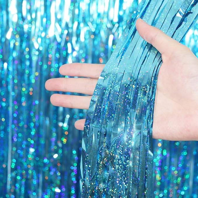 3.3 x 6.6 ft Foil Fringe Backdrop Curtains, Tinsel Streamers Party Decorations, Fringe Backdrop for Birthday, Baby Shower, Gender Reveal, Graduation (9, Light Blue)