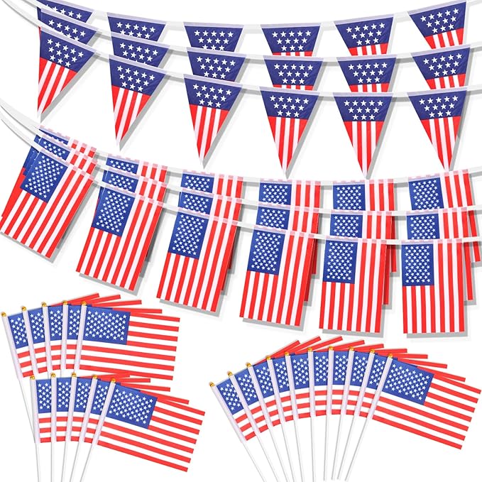 HOWAF 4th of July Decorations, American Flag Banner Patriotic Bunting USA Garland and 20 Small American Flags On Stick for July 4th Decor Fourth of July Independence Memorial Day Party Supplies
