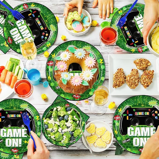 96Pcs 10th Birthday Video Game Party Supplies Green Video Game Paper Plates and Napkins Tableware Sets Video Game Birthday Decorations for Kids Boys 10th Birthday Gamer Gaming Party Serves 24