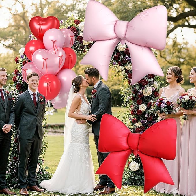 Paready Red Heart Balloons, 38 Inch Pink Bow Balloons, Pearl Pink Red Valentine Balloon Latex and Bow Heart Shaped Foil Balloon for Girls Birthday Bridal Baby Shower Valentines Decorations