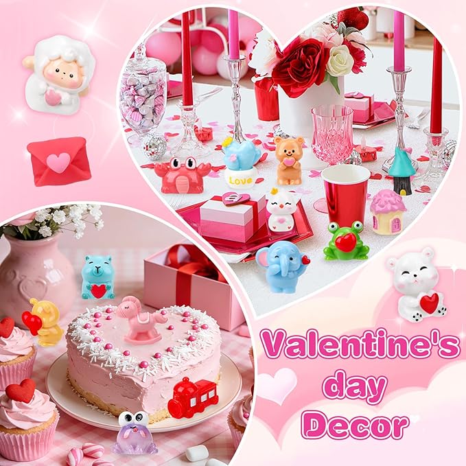 56Pcs Valentine's Day Miniature Figurines 56 Style Valentines Mini Small Resin Figurines with Love Heart Animals and Little Ducks for Valentines Party Gifts Dollhouse Fairy Garden Landscape Home Decor