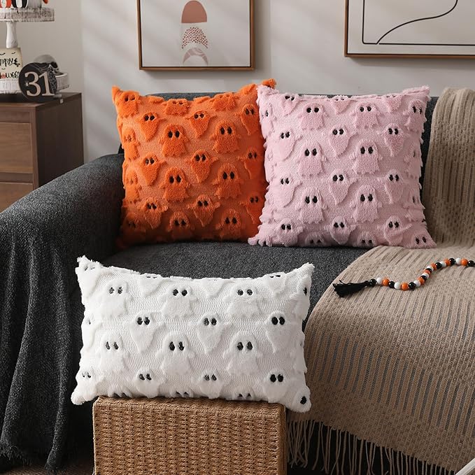 DFXSZ Halloween Pillow Covers 12x20 inch Set of 2 White Ghost Throw Pillow Cases Soft Plush Faux Fur Wool Couch Cushion Case for Chair Sofa Bedroom Living Room Home Decor PTK03A12