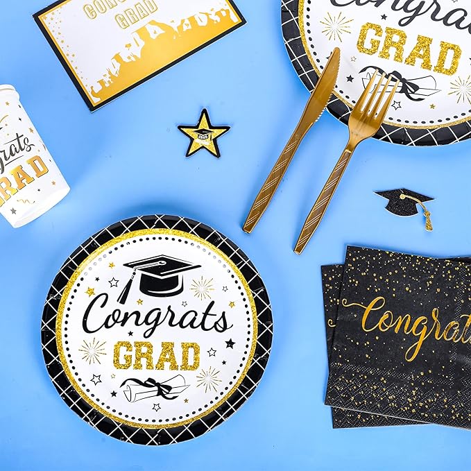 Whaline 175Pcs Graduation Party Supplies, Paper Plates and Napkins Set , 25 Guests Congrats Grad Disposable Tableware Set Include Paper Plate Napkin Cup Knife Fork Spoon for Grad Table Decor