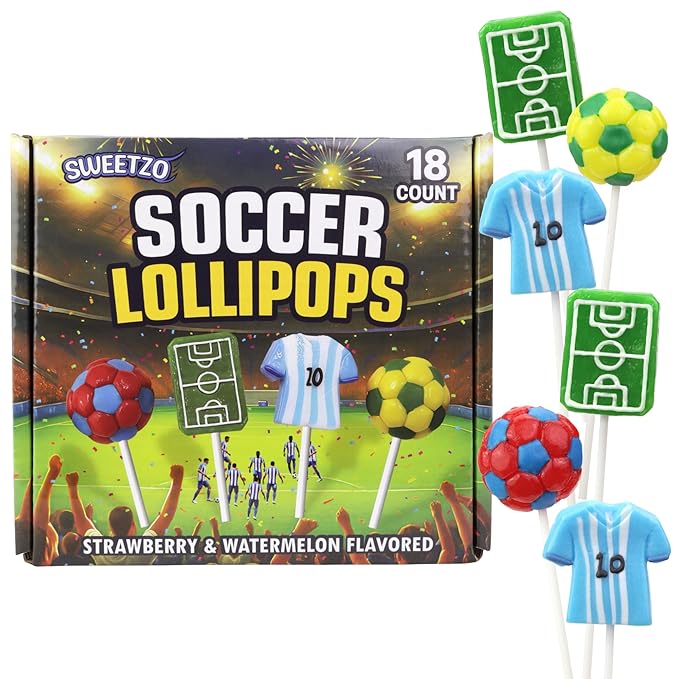 Soccer Lollipops, Ball, Jersey, and Field Individually Wrapped Suckers, Sports Team Party Favor Candy and Goodie Bag Fillers, 18 Count