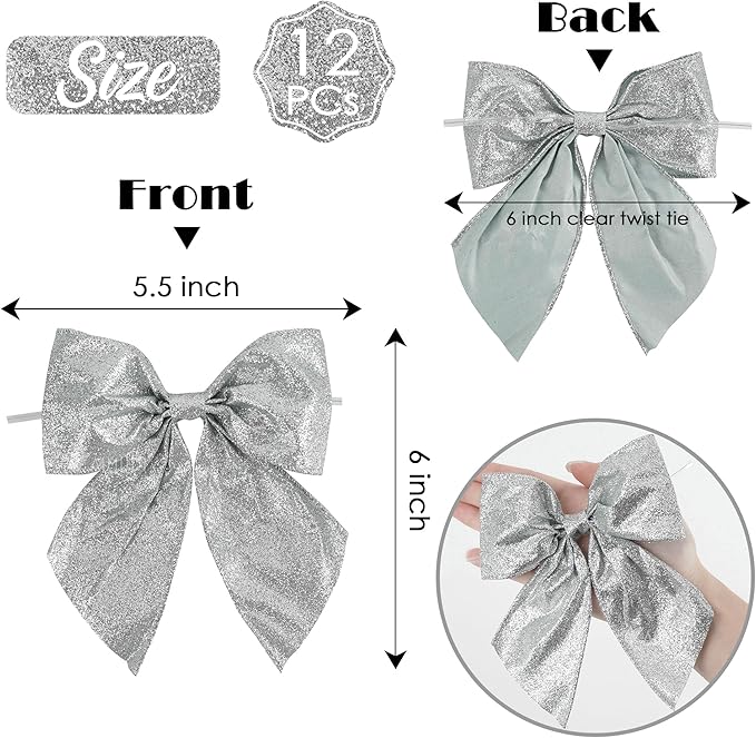 AIMUDI Silver Glitter Wired Ribbon Bows with Twist Tie 5.5" Premade Metallic Christmas Bows for Gift Wrapping, Wreath, Garland, Holiday Crafts Party Home Outdoor Christmas Tree Decorations, 12 PCs