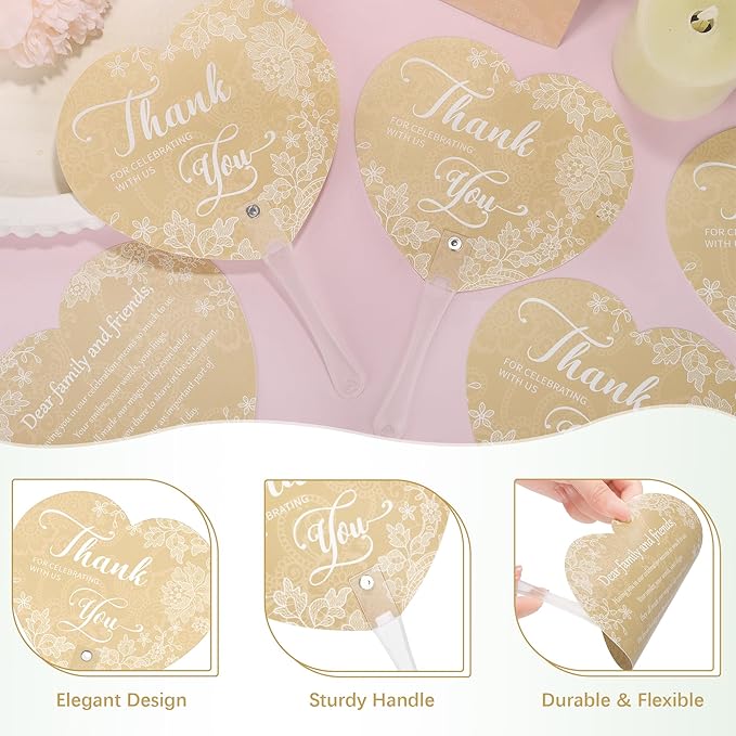 Aneco 120 Pieces Wedding Hand Plastic Fans with Wedding Table Sign Handheld Plastic Fan with Handle for Guests Bulk Wedding Hand Fans for Wedding Ceremony Bridal Shower, White Lace