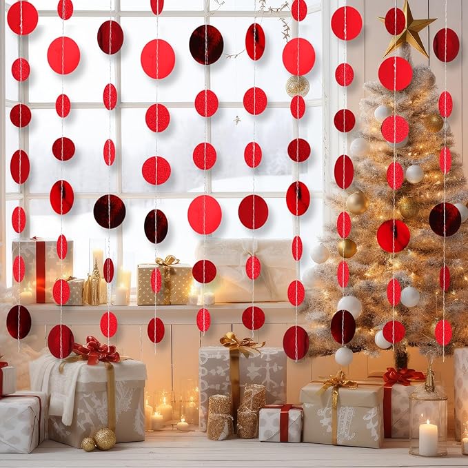 Syhood 10 Pcs Party Decorations Paper Dot Circle Garlands Glitter Streamers Hanging Banner Decor for New Year Baby Shower Wedding Birthday Backdrop Supplies (Red)