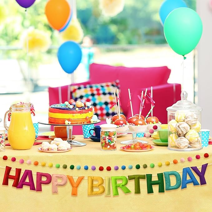 LOLStar Happy Birthday Banner Felt Ball Garland Colorful Dainty Pre-Strung Rainbow Birthday Banner Reusable Happy Birthday Sign Photo Booth Props Primary Color Birthday Party Decoration for Kids Girls