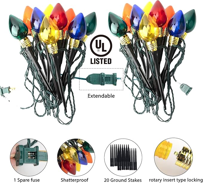 2 Pack C9 Christmas Pathway Lights Outdoor, Total 34.8 Ft 20 LED C9 Pathway Light, Waterproof Connectable Walkway Lights for Yard Ground Sidewalk Driveway Christmas Decorations