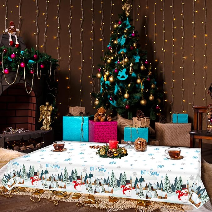 Tevxj 3 Pieces Winter Snowflake Plastic Tablecloth Christmas Holiday Party Plastic Table Covers Let's it Snow Snowman Theme Baby Shower Birthday Home Party Decorations Supplies 54X108inch