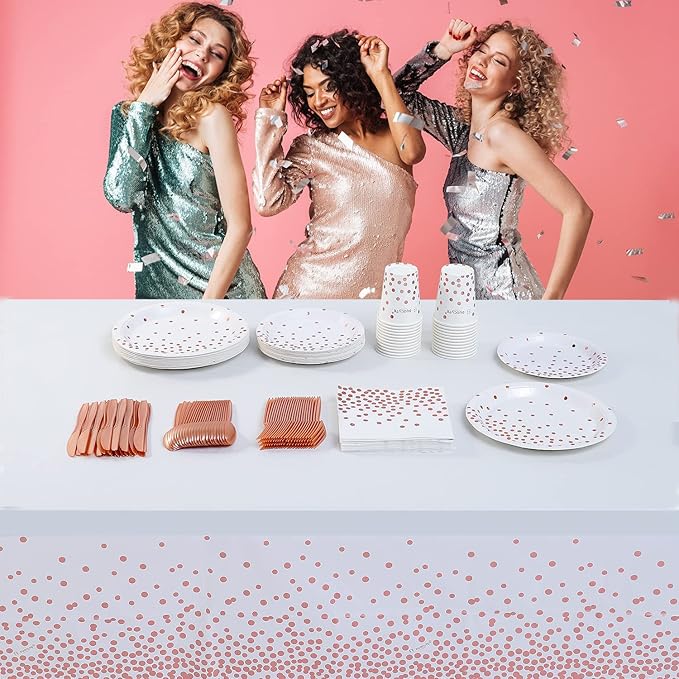 108"x54" 2 Packs Rose Gold White Tablecloth for Parties Rectangle Table, Dot Confetti Rectangular Plastic Table Cover, Thanksgiving Christmas, Wedding, Anniversary, Baby Shower, Birthday
