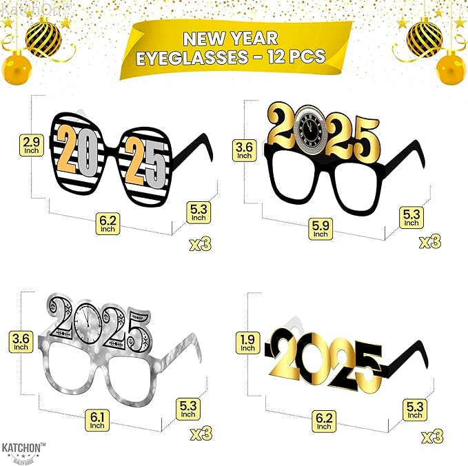 KatchOn, 2025 Glasses New Years Eve - Pack of 12 | New Years Glasses 2025, New Years Eve Party Supplies 2025 | NYE 2025, Happy New Years Decorations | NYE Decorations