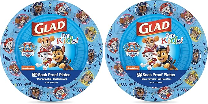 Glad for Kids Paw Patrol Disposable Paper Plates, Heavy Duty Soak Proof Microwavable Kids Plates for Parties, Birthdays, and Everyday Meals, Core Pups Blue, 8.5 Inch, 20 Count (Pack of 2)