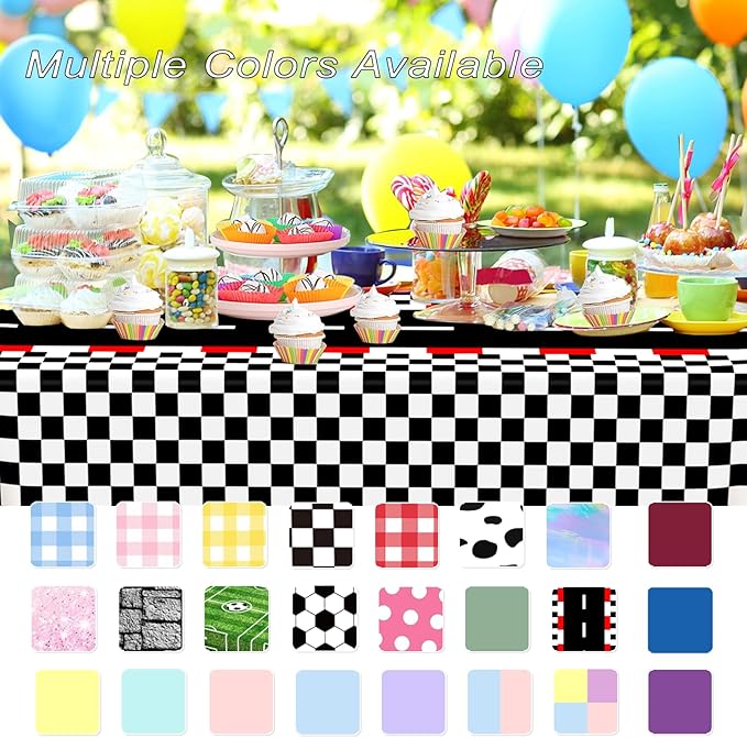 WNINK 4 PCS Racing Car Theme Tablecloths Car Disposable Plastic Tablecloths Black Checkered Flag Table Covers Racetrack Rectangular Tablecloth for Race Car Birthday Party Decorations, 54 x 108 Inch