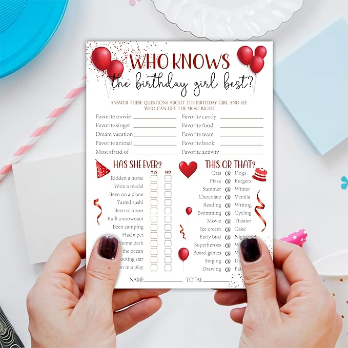 6"X8" Who Knows The Birthday Girl Best - Balloons & Confetti - Funny Double-Sided 3-in-1 Game Card Set For Girls Birthday Party, Sleepover Party Activities, Favor & Supplies (20 Pcs)- A05