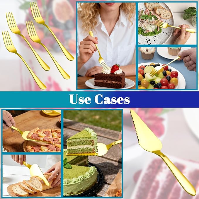 1 Pcs Cake Pie Server and 4 Forks Set for Wedding, Elegant Pizza Slicer Server Set with Stainless Steel Big Serrated Edges, Cake Cutter Pie Spatula for Birthday Anniversary, Gold