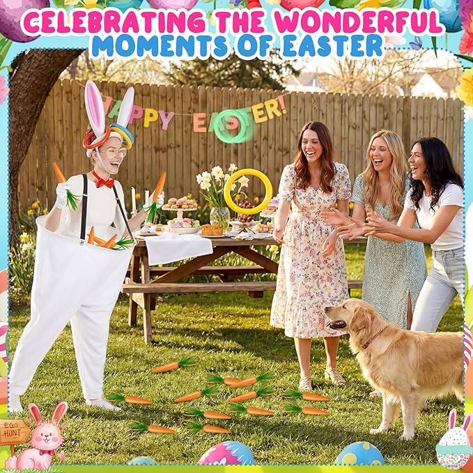 Vinsot 16 Pcs Easter Granny Pants Yard Game Set Oversized Granny Pants with Colorful Easter Eggs, Bowtie, Bunny Ears and Tail, Outdoor Tossing Game Bunny Suit for Spring
