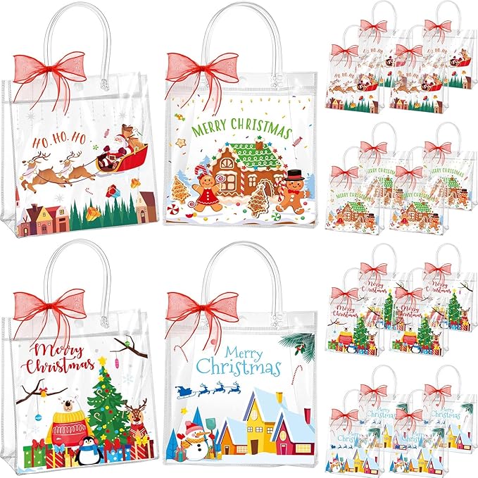 Henoyso 24 Pcs Christmas Village Clear Gift Bags Plastic Candy Treat Goodie Bags Gingerbread Santa PVC Wrap Totes with Handles and Ribbon Xmas Party Favors, 7.8 x 7.8 x 3.1 Inch
