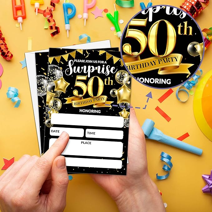 Surprise 50th Birthday Party Invitation, Black and Gold Fill-In Invites For Adult Woman & Man, 20 Invitations With Envelopes(4" x 6"), Party Favors Decorations And Supplies-03