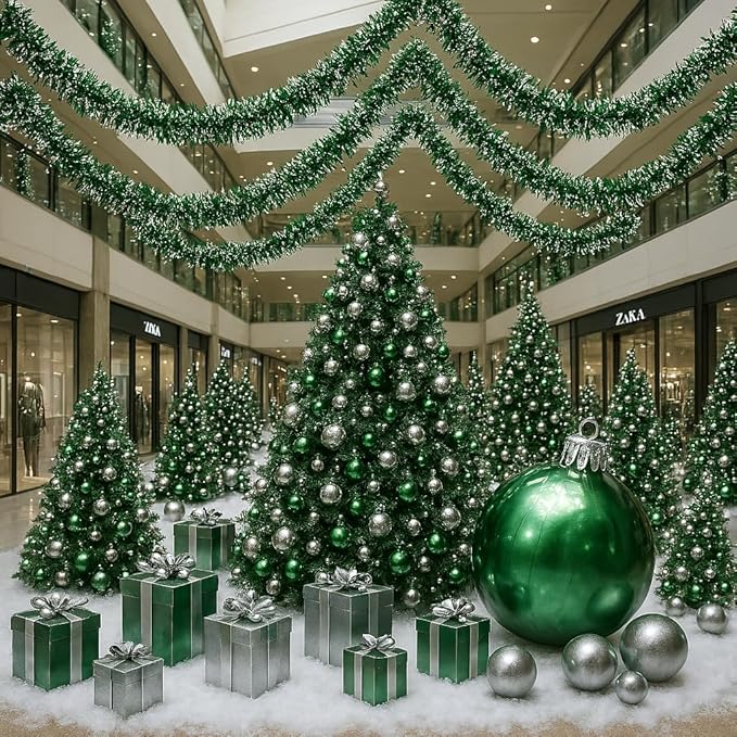 Anderson's Metallic Green & Silver Sparkle Glitter Tinsel Twist Garland, 25ft Holiday Decoration, Christmas Tree Trim, Parade Float Decor, Party Supplies, Graduation, Indoor/Outdoor Event Garland