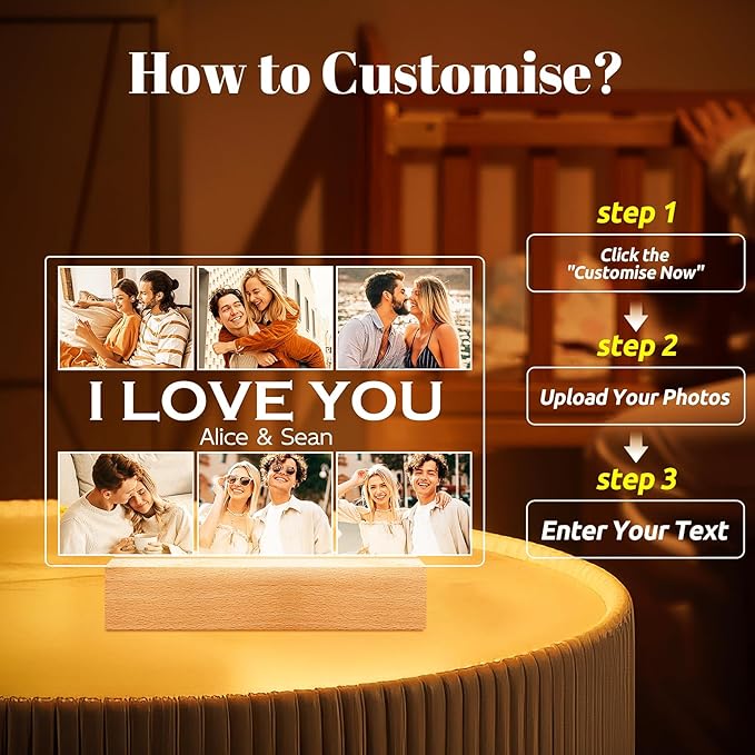 Personalized Picture Frame with Photo, Customized Photo Frame with Night Light, Custom Picture Frames, Personalized Anniversary Couple Gifts for Women Men Her Him Girlfriend Boyfriend