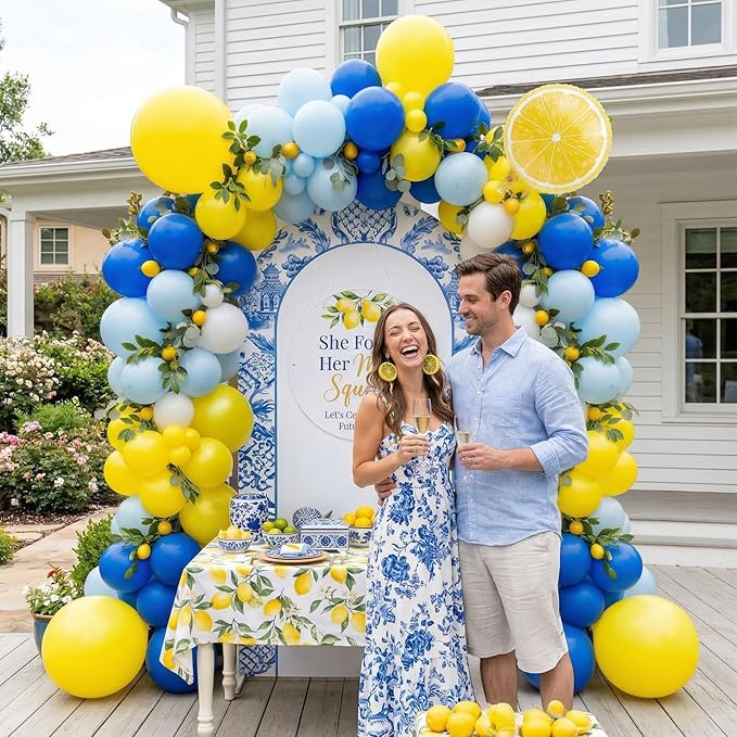 Royal Blue Yellow White Balloon Garland Arch Kit 136 Pcs with Lemon Foil Balloons for amalfi last toast on the coast Bachelorette Bridal Shower Decorations Main Squeeze Lemonade Theme Party Supplies