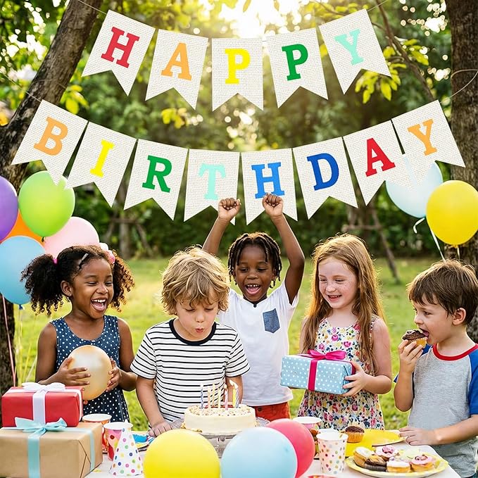 Burlap Happy Birthday Banner, Colorful Assembled Happy Birthday Banner Sign Garland for Boys Girls Rustic Party Decorations