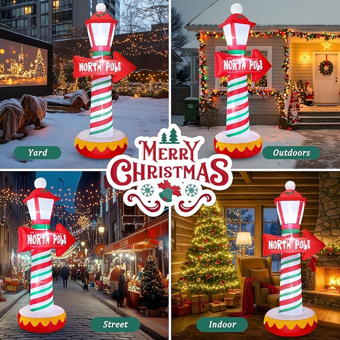 FunFanso 6 FT Christmas Inflatables North Pole Road Sign Outdoor Decoration, Blow Up Street Lamp with Built-in LED Lights, Santa Claus Arctic Road Sign for Holiday Display Lawn Garden Yard Xmas Decor