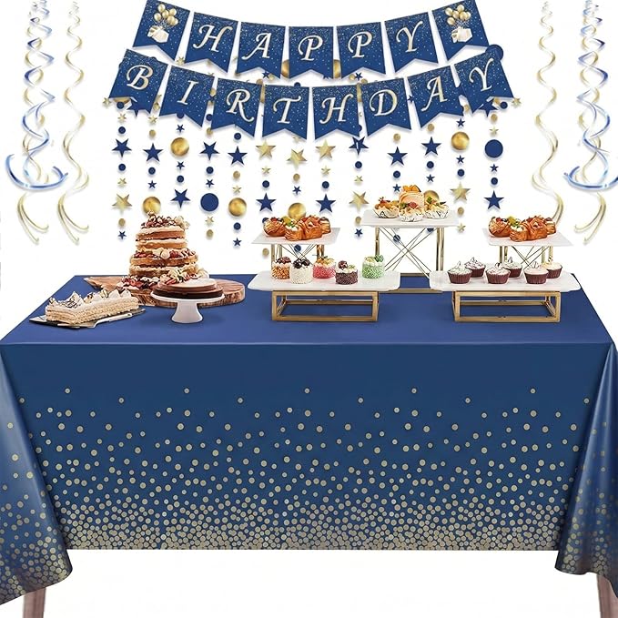4 Pieces Navy Blue Rectangular Tablecloths Plastic，Plastic Table Cloth Disposable Blue and Gold, for Covers Anniversary, Wedding, Fine Dining, Graduation Party Decoration,
