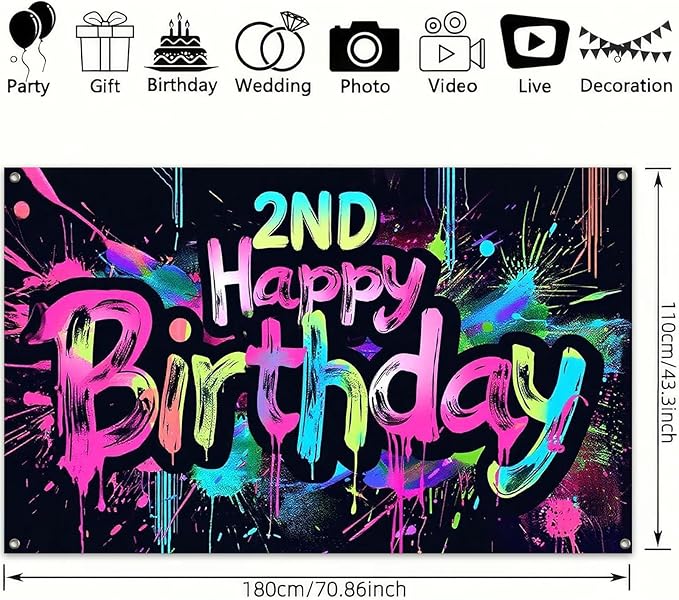 Neon 2nd Happy Birthday Party Banner 71x43 Inch Paint Splatter Backdrop Colorful Wall Decorations for Kids Boys Girls Second Birthday Photo Booth Background Event Decor Supplies