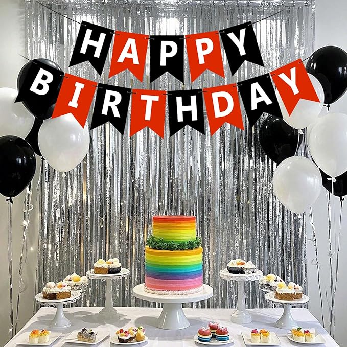 Happy Birthday Banner Sign, Birthday Garland Wall Door Hanging Banners Flag for Women Men Boys Girls Party Backdrop Decorations, Personalized Name Banner White Letters Black and Red