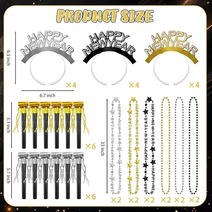 Openfly 36Pcs New Years Eve Party Supplies 2026 Happy New Year Hats Headband Tiara Noise Makers Paper Glasses Party Favors