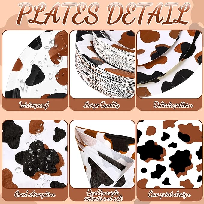 452 Pcs Cow Print Party Decorations Supplies Include Brown Cow Print Paper Plates Napkins Cups Tablecloth Cutlery Straws for Western Rodeo Birthday Baby Shower Animal Farm Party Decorations