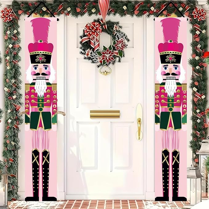 Christmas Nutcracker Door Banner 71x12 inch Pink Christmas Hanging Porch Banner Holiday Soldier Wall Decoration for Xmas Front Door Banners Outdoor Fireplace Entryway Party Home Decor